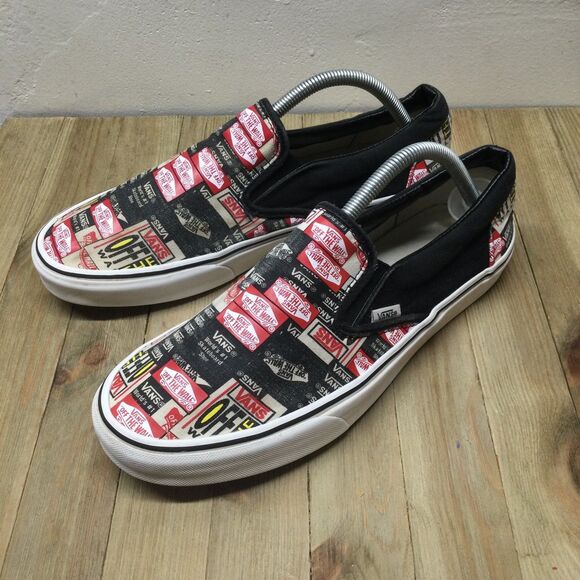 VANS Black Red Canvas Collage Slip Ons MENS 10.5 Classic Skater Sneakers - Picture 2 of 9